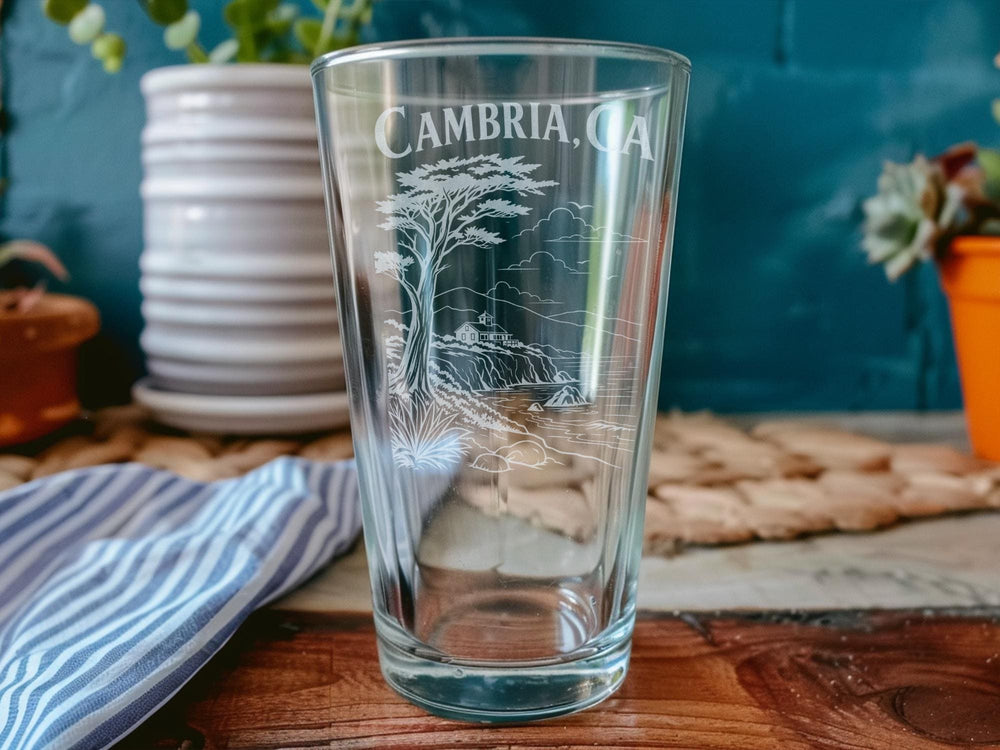 Cambria CA Pint Glass, Cambria California Souvenir Drinkware, Central Coast Coastal Town Gift, Vacation Keepsake Glass