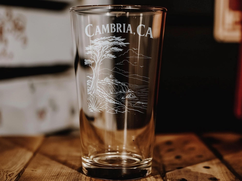 Cambria CA Pint Glass, Cambria California Souvenir Drinkware, Central Coast Coastal Town Gift, Vacation Keepsake Glass