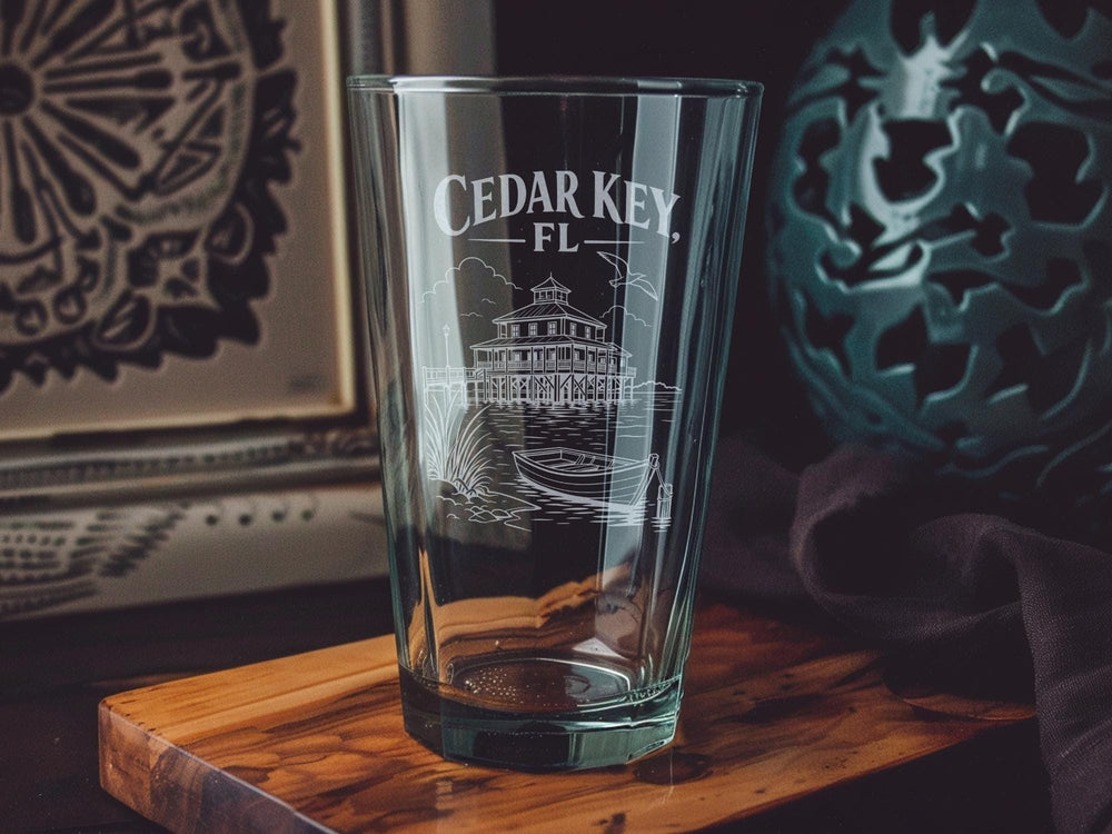 Cedar Key FL Pint Glass, Florida Gulf Coast Souvenir Drinkware, Cedar Key Florida Vacation Gift, Coastal Island Bar Glass