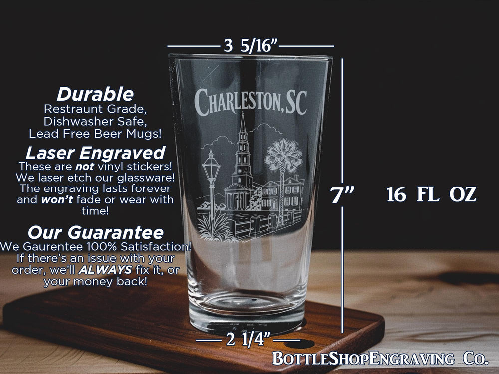 Charleston SC Pint Glass, Charleston South Carolina Souvenir Beer Glass, Charleston Skyline Landmark Drinkware Gift