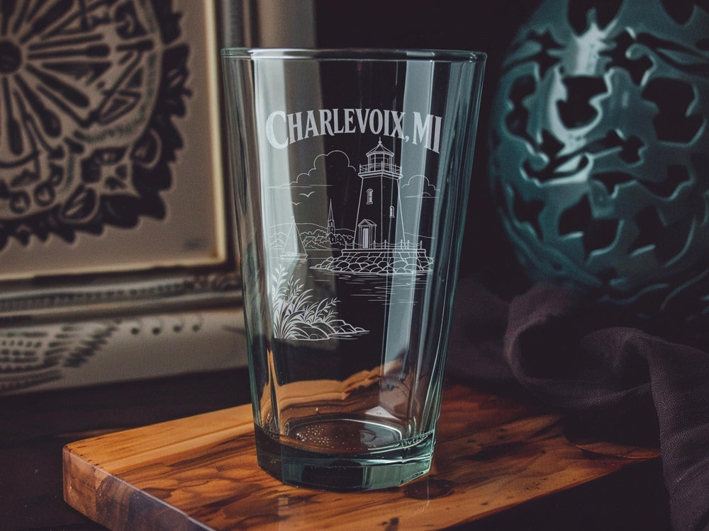 Charlevoix MI Pint Glass, Charlevoix Michigan Souvenir Drinkware, Up North Lake Town Gift, Northern Michigan Glassware