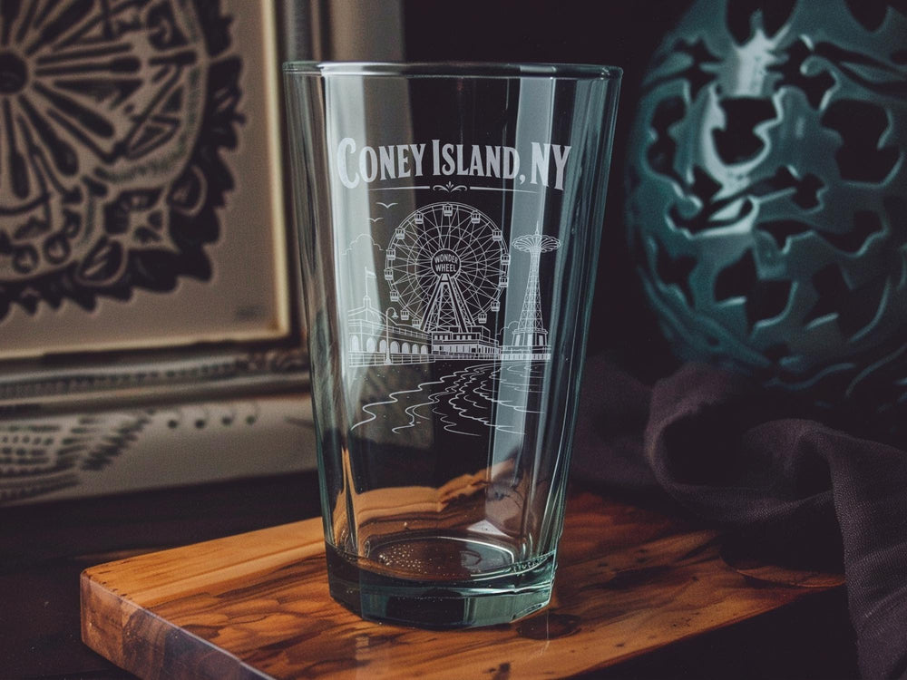 Coney Island NY Pint Glass, Brooklyn New York Souvenir Beer Glass, Coney Island Boardwalk Theme Barware Gift