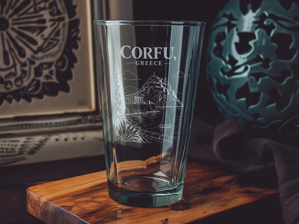 Corfu Greece Pint Glass, Corfu Island Souvenir Beer Glass, Greek Travel Gift, Ionian Islands Vacation Keepsake Drinkware