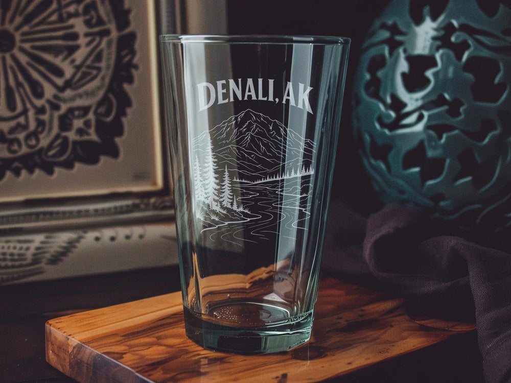 Denali Alaska Pint Glass, Denali National Park Souvenir Beer Glass, Mount Denali Mountain Landscape Drinking Glass Gift