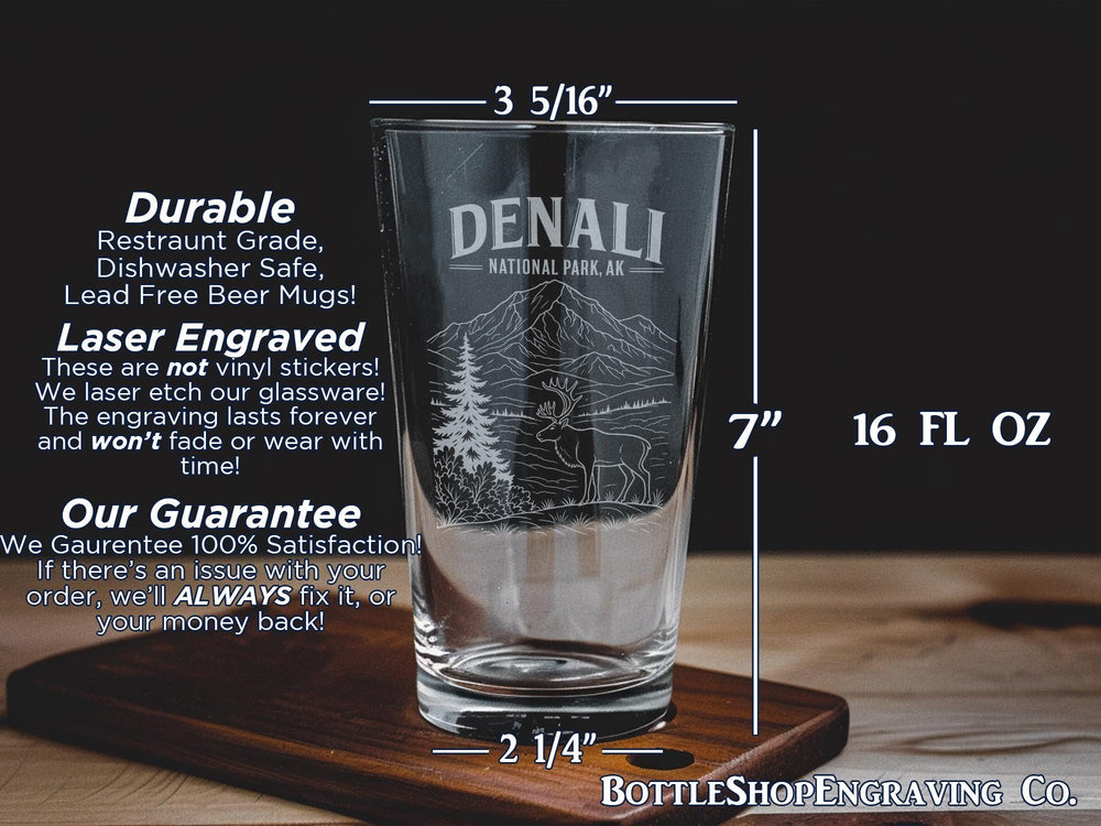 Denali National Park Alaska Pint Glass, Denali Mountain Souvenir Beer Glass, Alaska Travel Gift, National Park Drinkware, Denali AK Glass