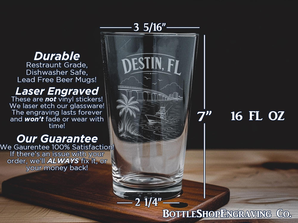 Destin Florida Pint Glass, Destin FL Souvenir Drinking Glass, Emerald Coast Vacation Gift, Beach Town Coastal Barware