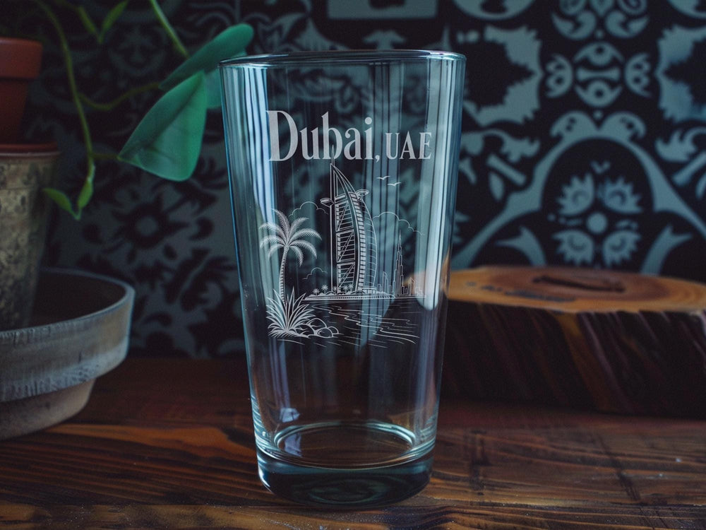 Dubai UAE Pint Glass, Dubai Skyline Souvenir Beer Glass, United Arab Emirates Travel Gift, Dubai Landmark Drinkware