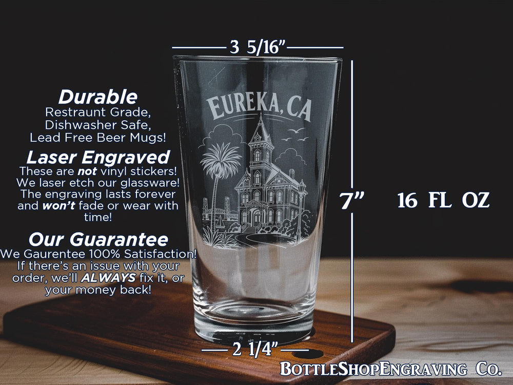 Eureka CA Pint Glass, Eureka California Souvenir Drinkware, Redwood Coast Coastal Town Gift, Humboldt County Travel Keepsake