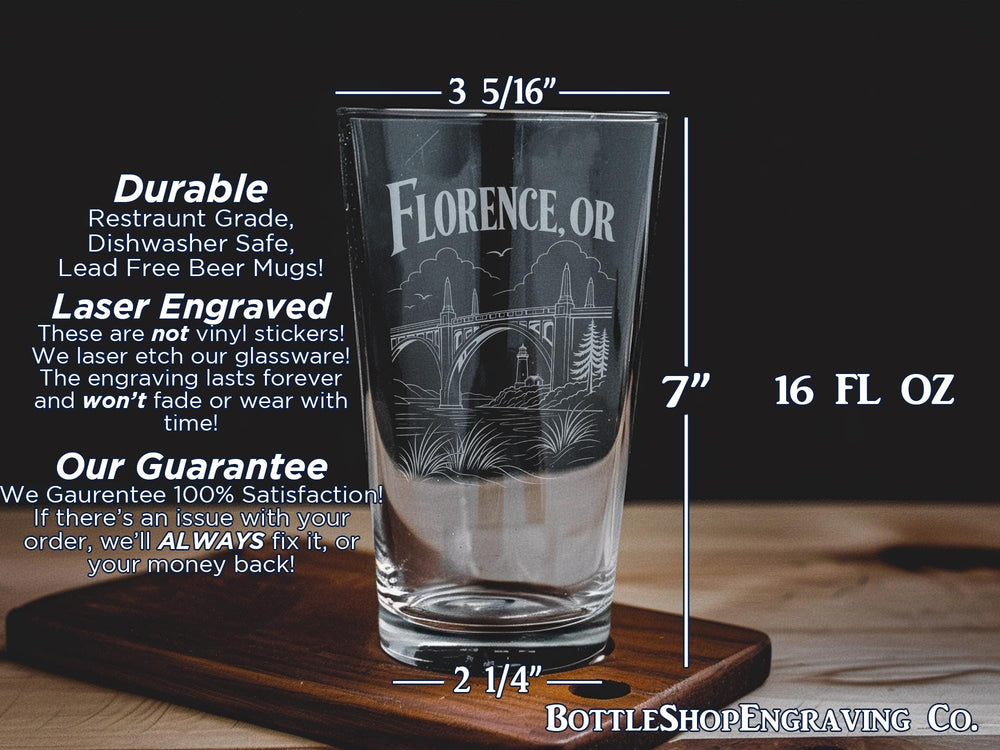 Florence OR Pint Glass, Florence Oregon Souvenir Beer Glass, Coastal Town Gift, Siuslaw River & Old Town Florence Keepsake Glass