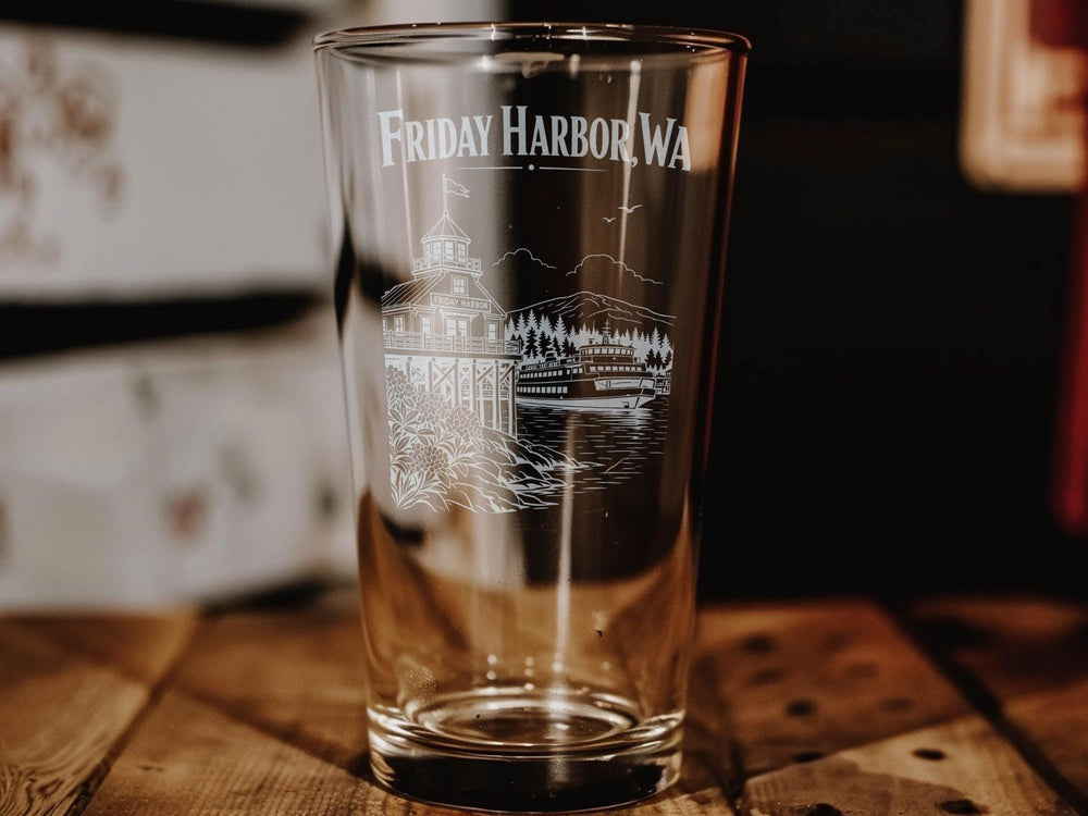 Friday Harbor WA Pint Glass, San Juan Island Washington Souvenir Beer Glass, Coastal Harbor Town Travel Gift