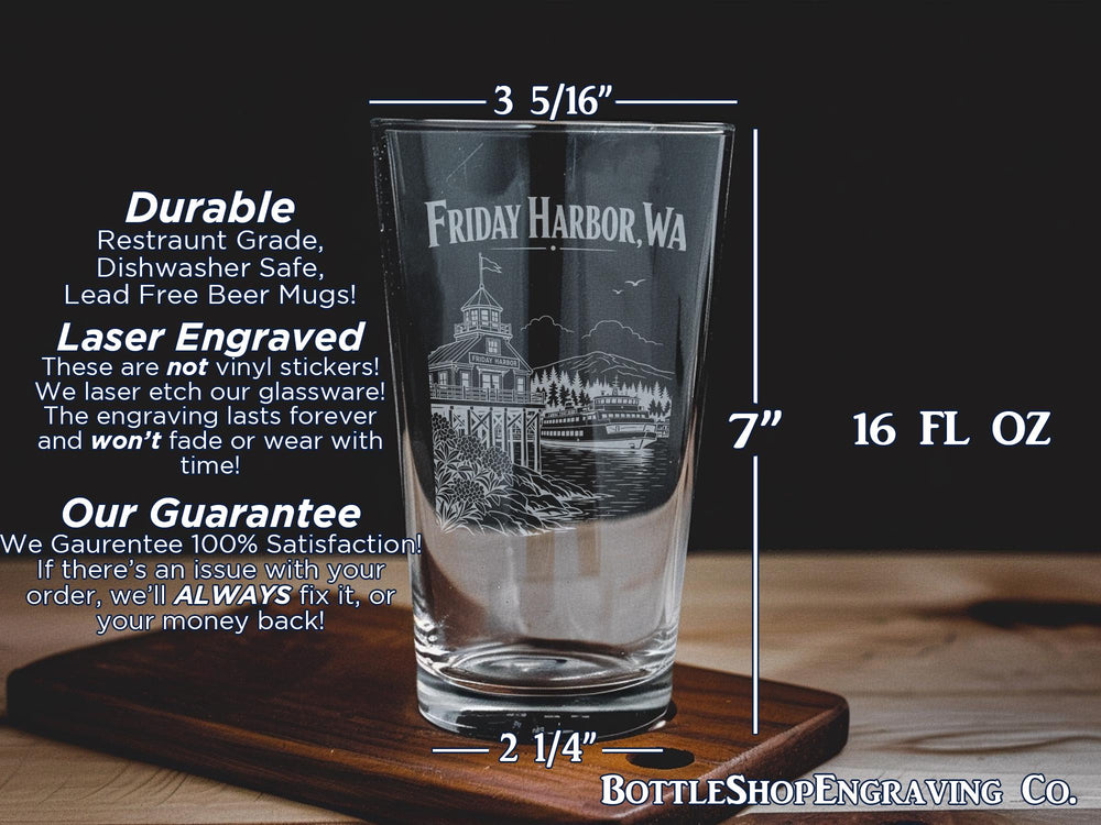 Friday Harbor WA Pint Glass, San Juan Island Washington Souvenir Beer Glass, Coastal Harbor Town Travel Gift