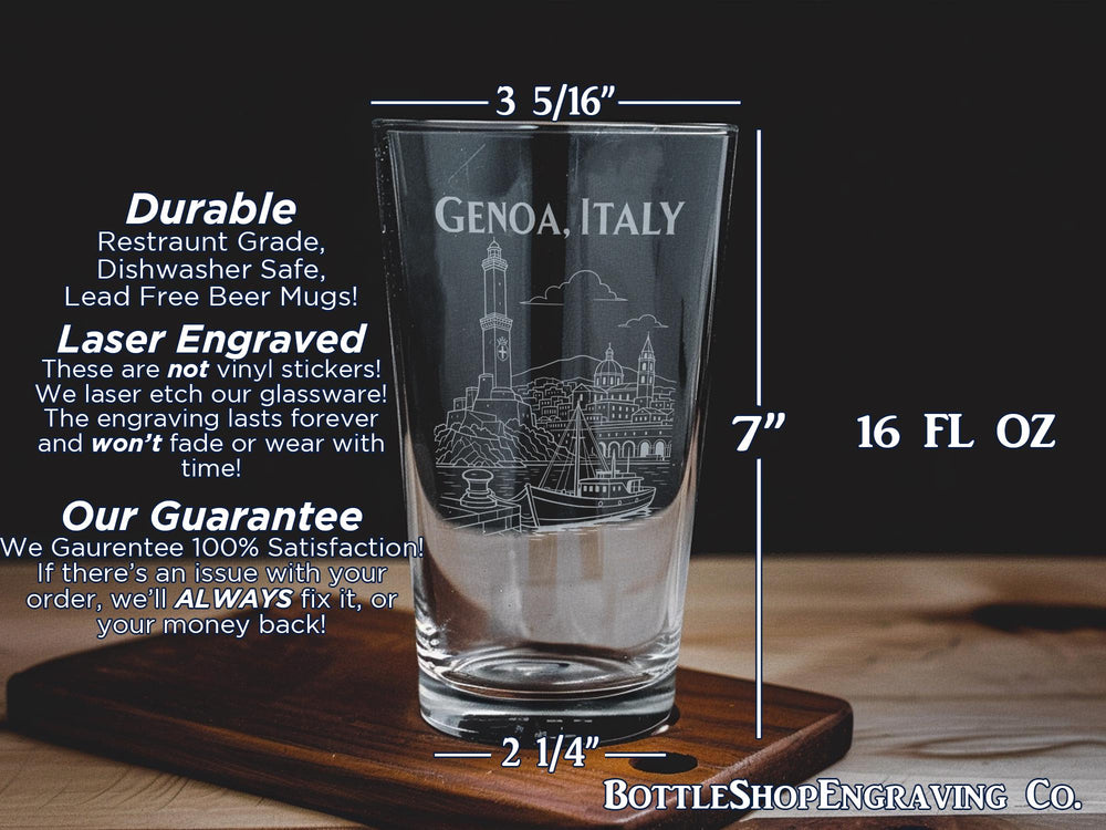 Genoa Italy Pint Glass, Genoa Skyline Souvenir Beer Glass, Liguria Travel Gift, Italian Coastal City Drinkware, Genova Italy Glass