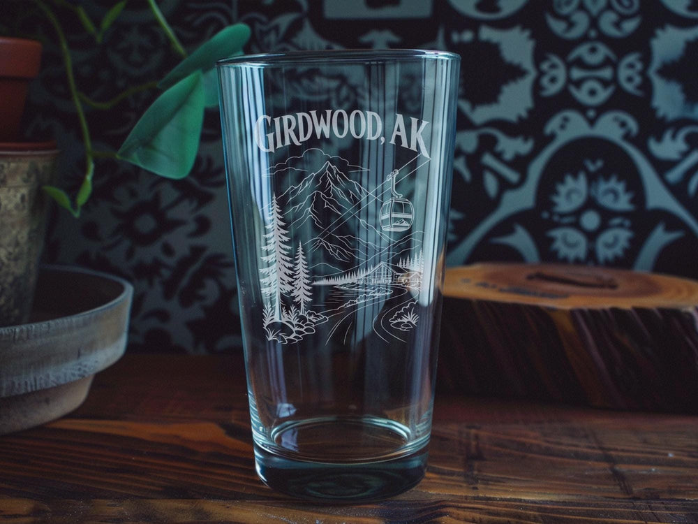 Girdwood Alaska Pint Glass, Girdwood AK Souvenir Beer Glass, Alaska Mountain Town Barware, Girdwood Travel Gift