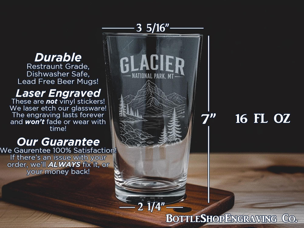 Glacier National Park Montana Pint Glass, MT Mountain Scenic Souvenir Beer Glass, Travel Gift for Park Lovers