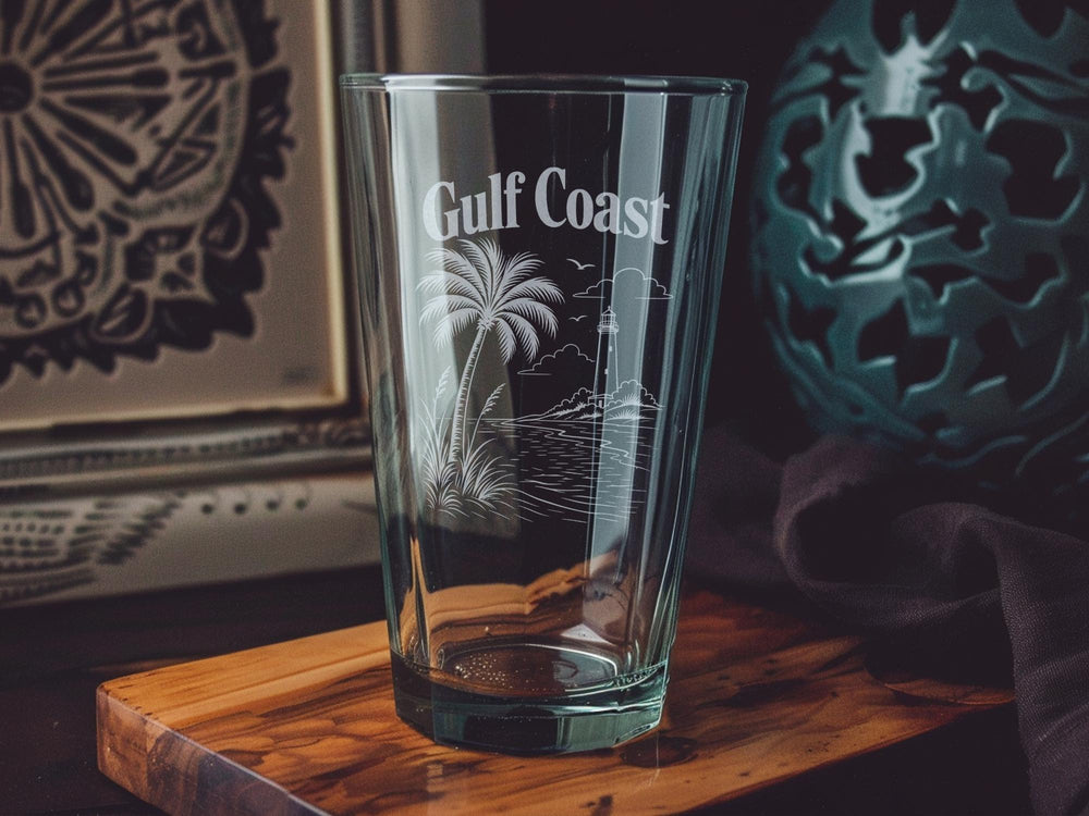 Gulf Coast Pint Glass, Coastal Beach Souvenir Beer Glass, Ocean Waves Seashells Sand Dunes Shoreline Drinkware Gift