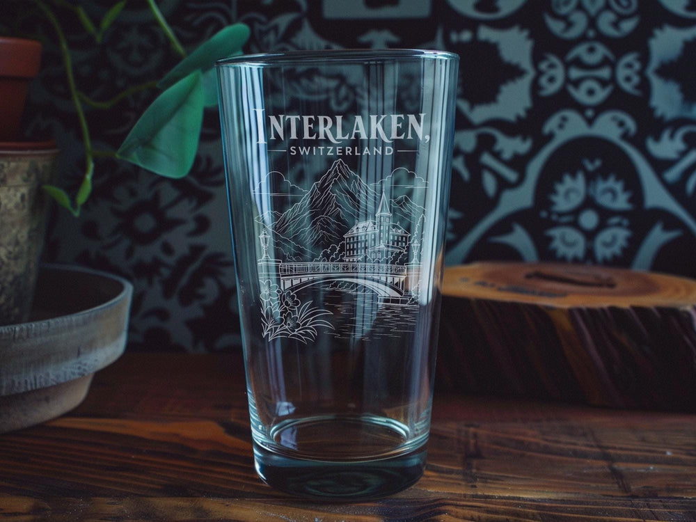 Interlaken Switzerland Pint Glass, Swiss Alps Mountain Town Souvenir Beer Glass, Lake Thun & Lake Brienz Travel Gift