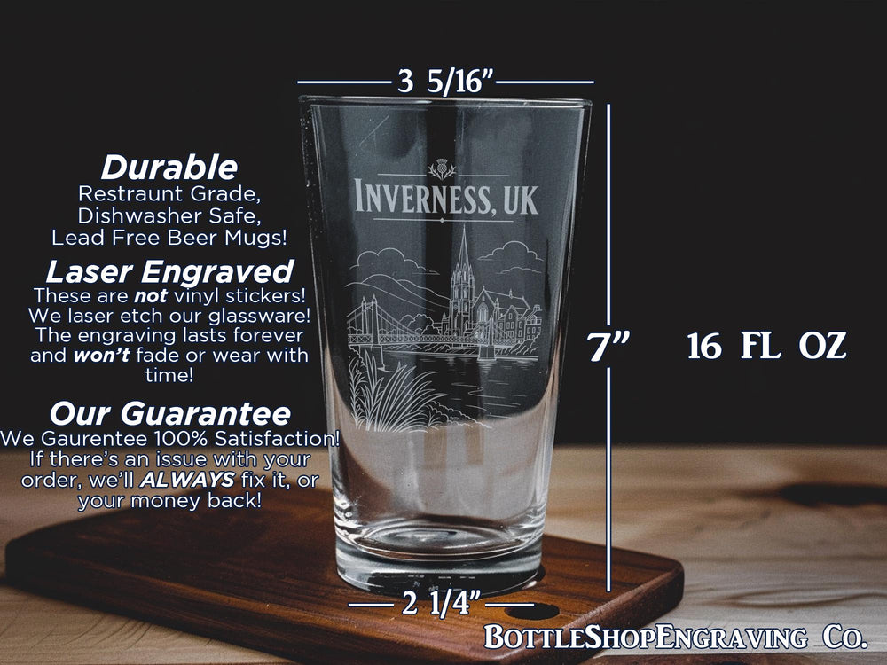 Inverness UK Pint Glass, Inverness Scotland Souvenir Beer Glass, Highland Travel Gift, Scottish City Pub Glass