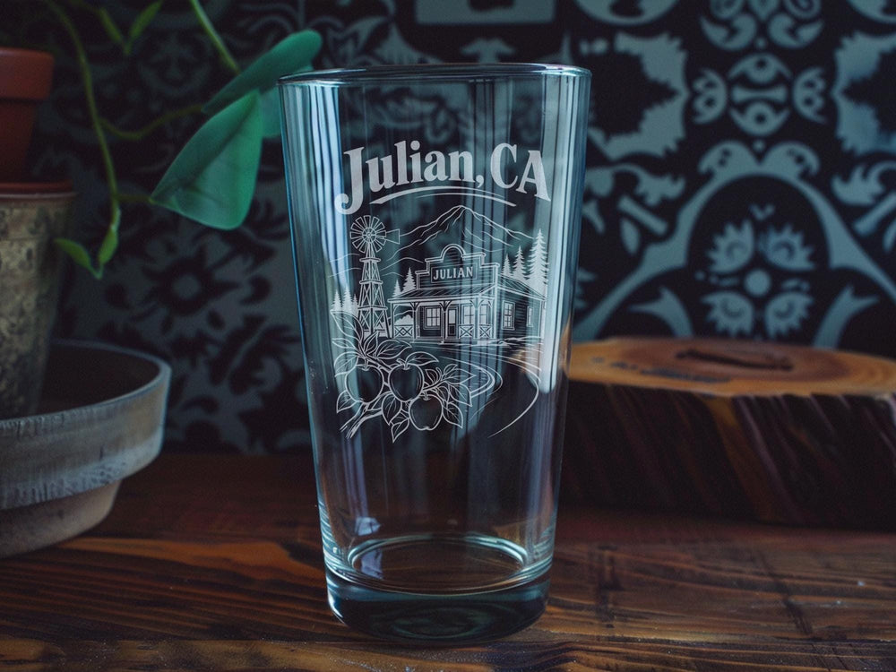 Julian CA Pint Glass, Julian California Souvenir Glass, Apple Orchard & Mountain Town Travel Gift, San Diego County Keepsake