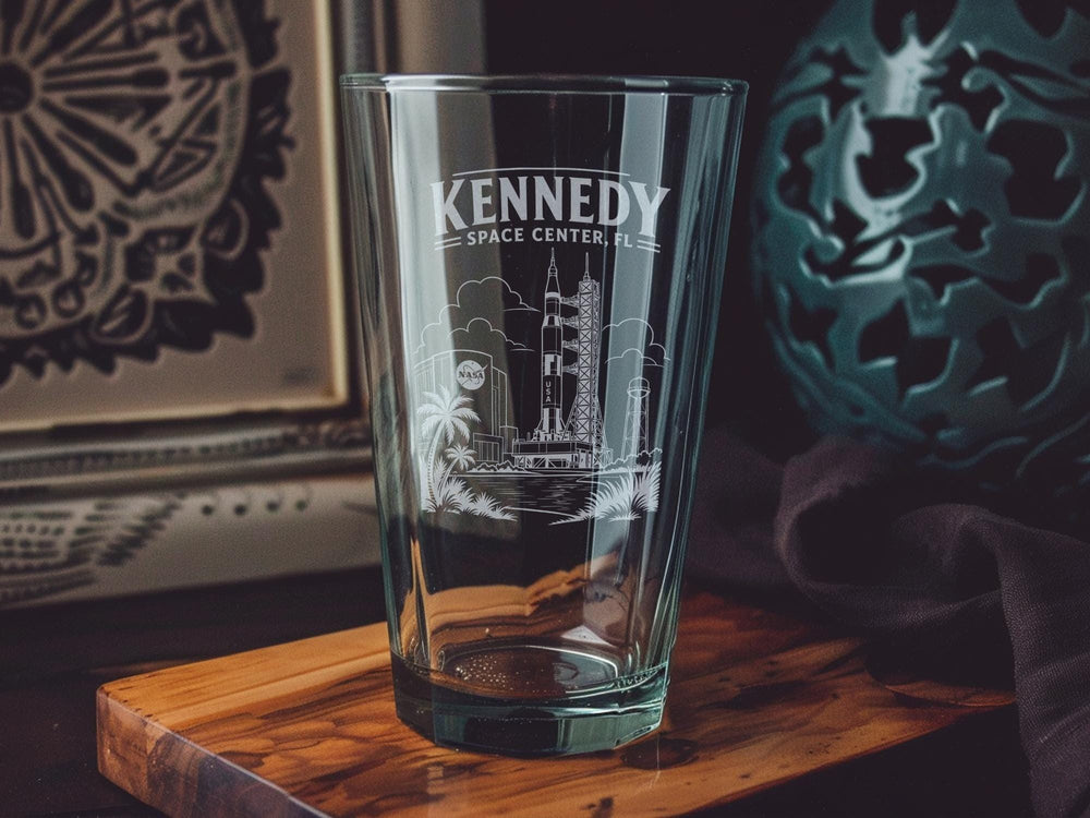 Kennedy Space Center Florida Pint Glass, NASA Spaceport Souvenir Beer Glass, Space Shuttle Rocket Launch Theme Drinkware