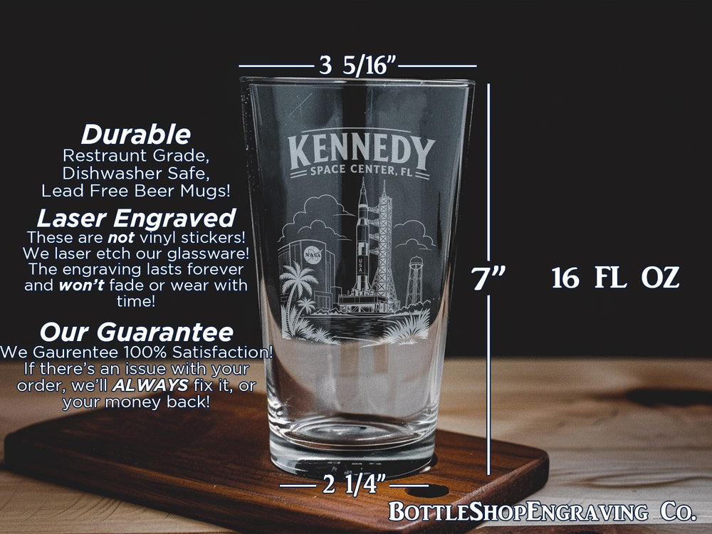 Kennedy Space Center Florida Pint Glass, NASA Spaceport Souvenir Beer Glass, Space Shuttle Rocket Launch Theme Drinkware