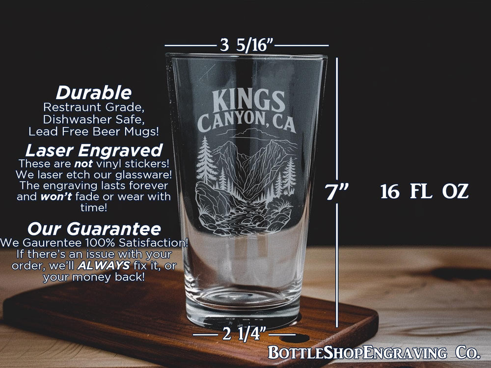 Kings Canyon California Pint Glass, Kings Canyon National Park Souvenir Beer Glass, CA Travel Gift, Mountain Canyon Scenic Drinkware