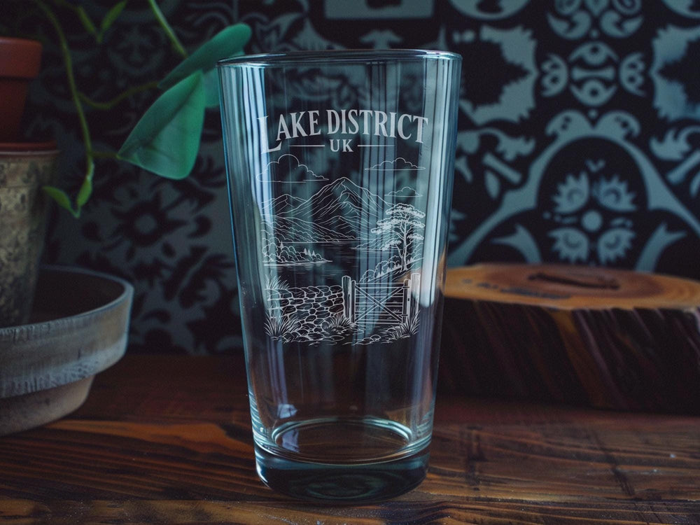 Lake District UK Pint Glass, Cumbria England Souvenir Beer Glass, Windermere Keswick Grasmere Ambleside Gift