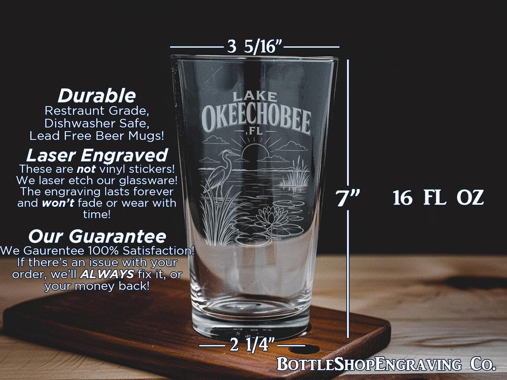 Lake Okeechobee Florida Pint Glass, Lake Okeechobee FL Souvenir Drinking Glass, Florida Lake Gift, Lake Lover Glass