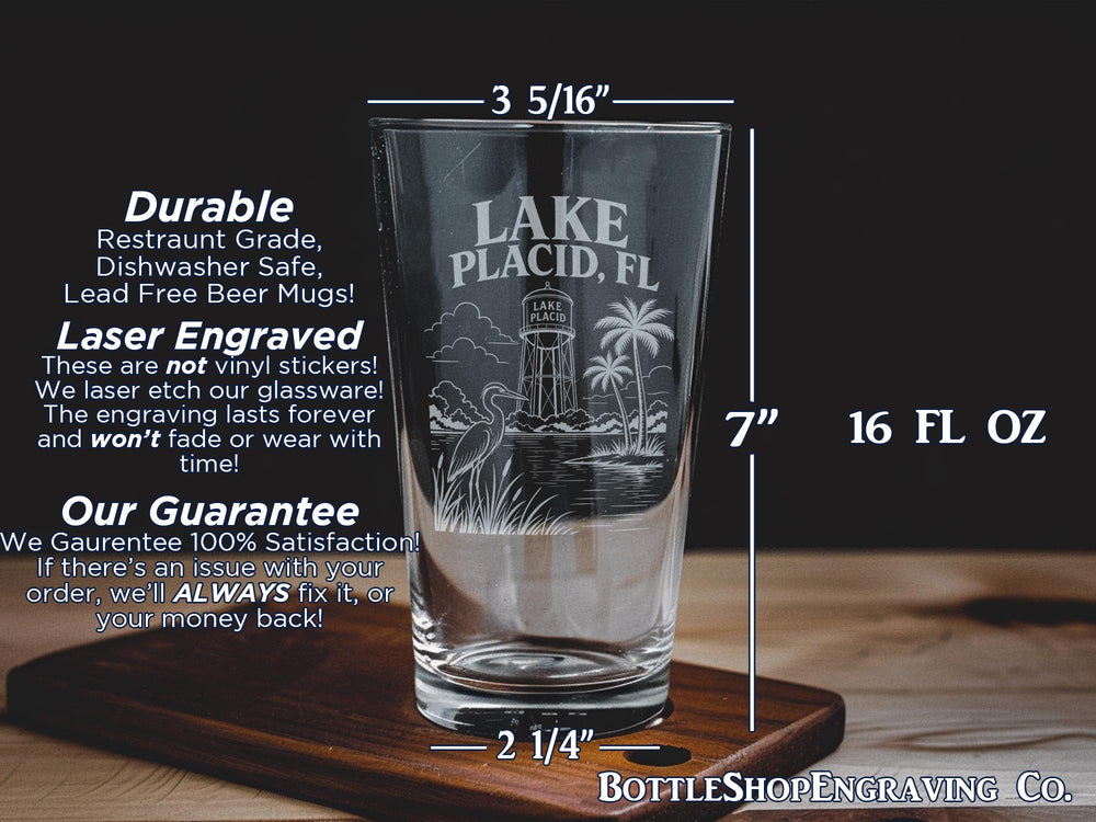 Lake Placid Florida Pint Glass, Lake Placid FL Souvenir Drinking Glass, Florida Lake Town Gift, Vacation Keepsake Glassware