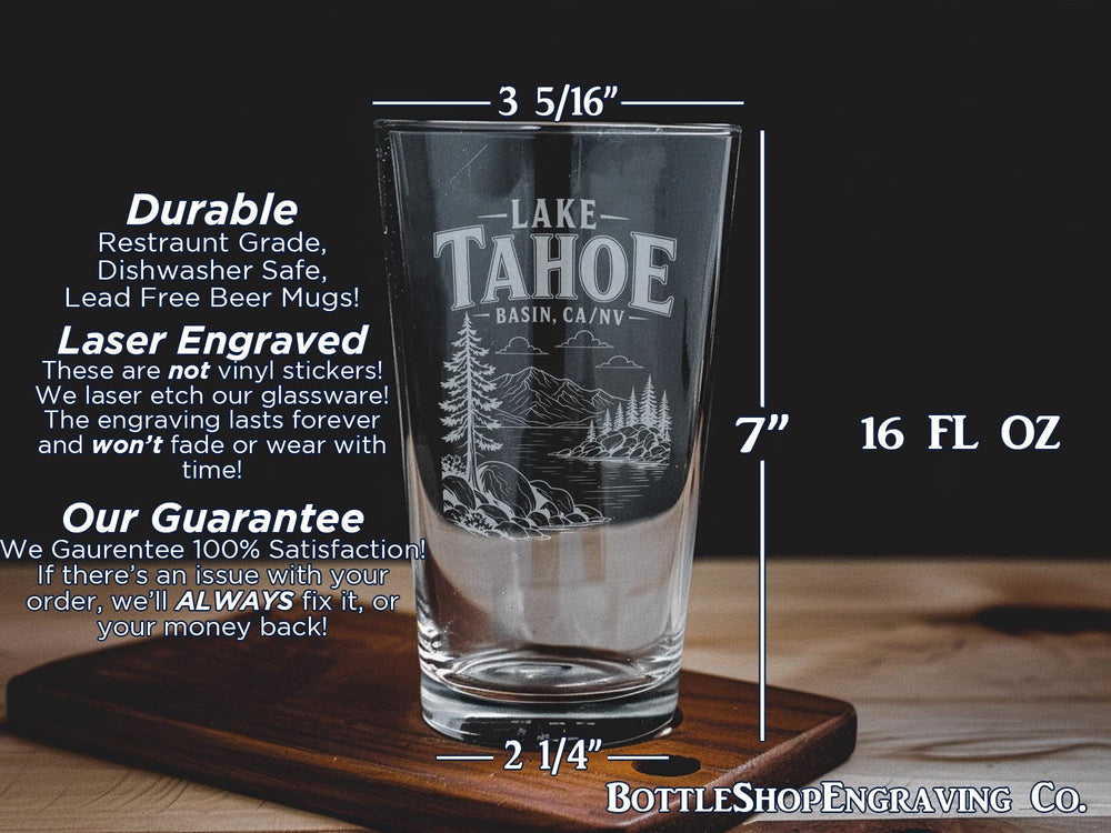 Lake Tahoe Basin Pint Glass, Lake Tahoe Nevada California Souvenir Drinking Glass, Sierra Nevada Mountain Lake Gift
