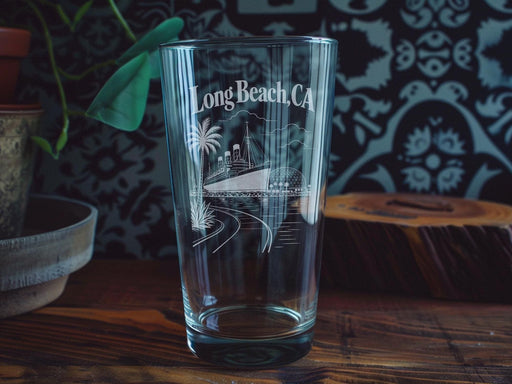 Long Beach CA Pint Glass, Long Beach California Souvenir Beer Glass, Coastal City Travel Gift, Beach Town Barware Cup