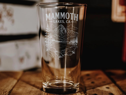 Mammoth Lakes CA Pint Glass, California Mountain Town Souvenir Beer Glass, Sierra Nevada Vacation Keepsake Drinkware