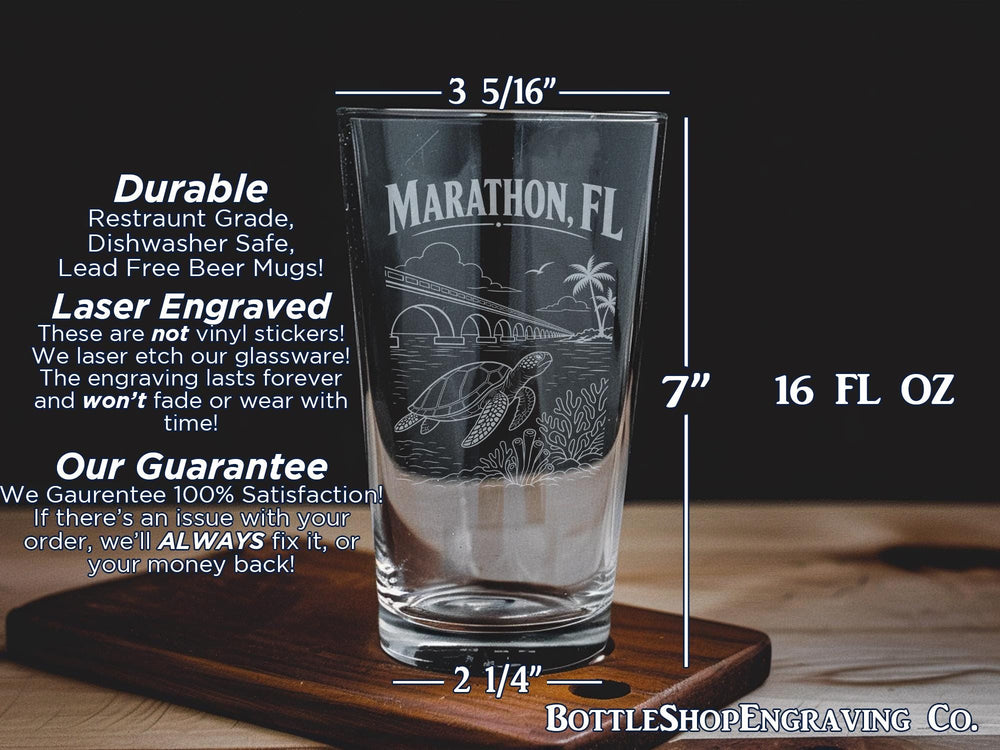 Marathon Florida Pint Glass, Marathon FL Souvenir Glass, Florida Keys Travel Gift, Coastal City Keepsake Drinkware