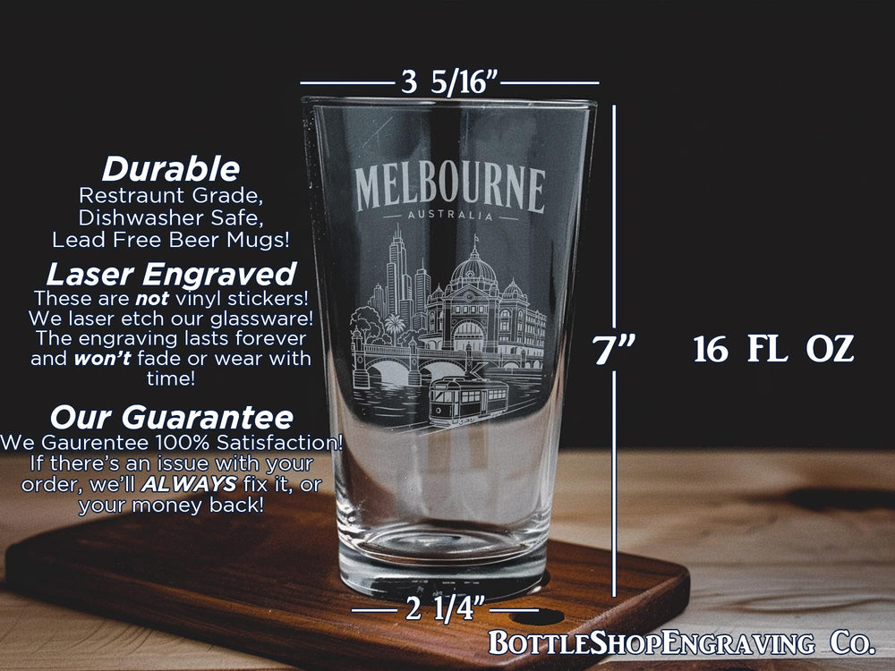 Melbourne Australia Pint Glass, Melbourne Skyline Souvenir Beer Glass, Australia Travel Gift, Melbourne Cityscape Drinkware