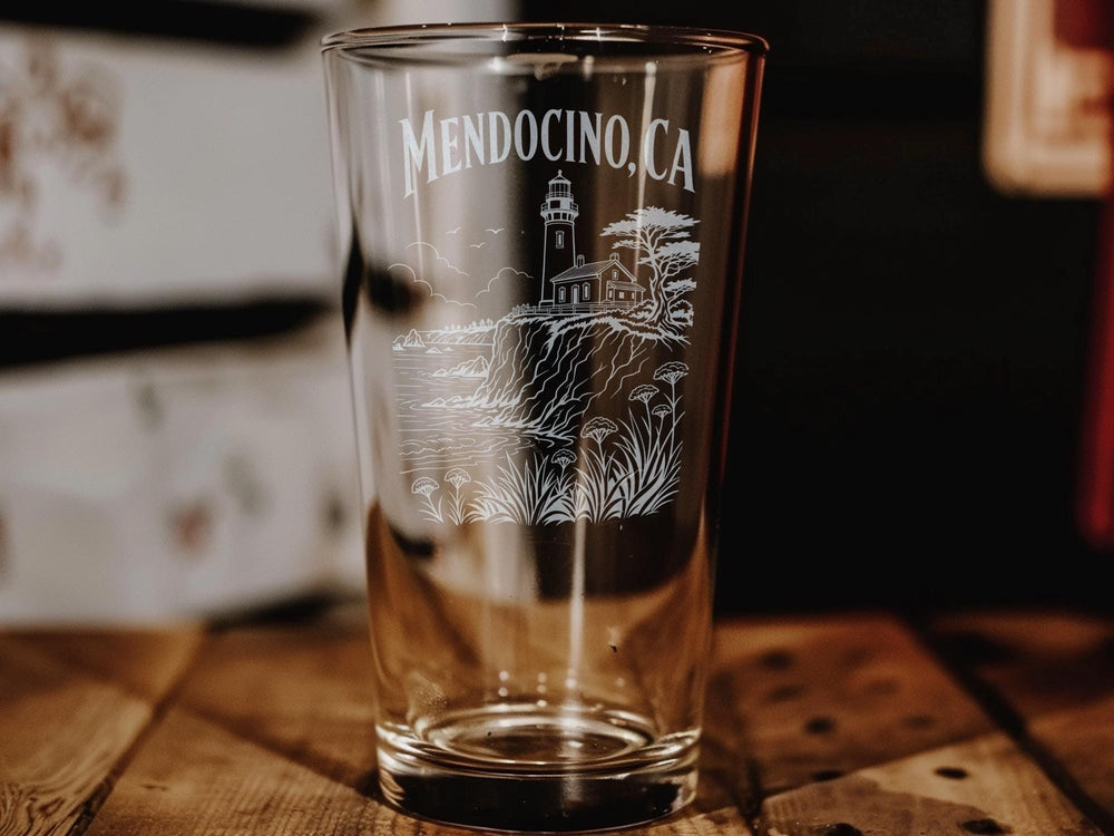 Mendocino CA Pint Glass, Mendocino California Souvenir Drinkware, Coastal Town Vacation Keepsake Gift