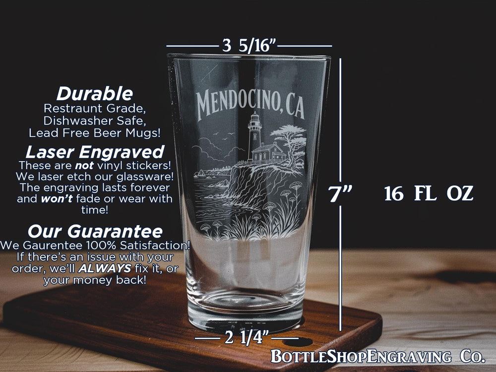Mendocino CA Pint Glass, Mendocino California Souvenir Drinkware, Coastal Town Vacation Keepsake Gift
