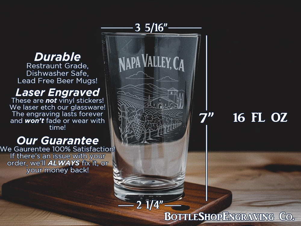 Napa Valley CA Pint Glass, Napa Valley California Souvenir Drinkware, Wine Country Vineyard Gift Glass, Napa Trip Keepsake Glass