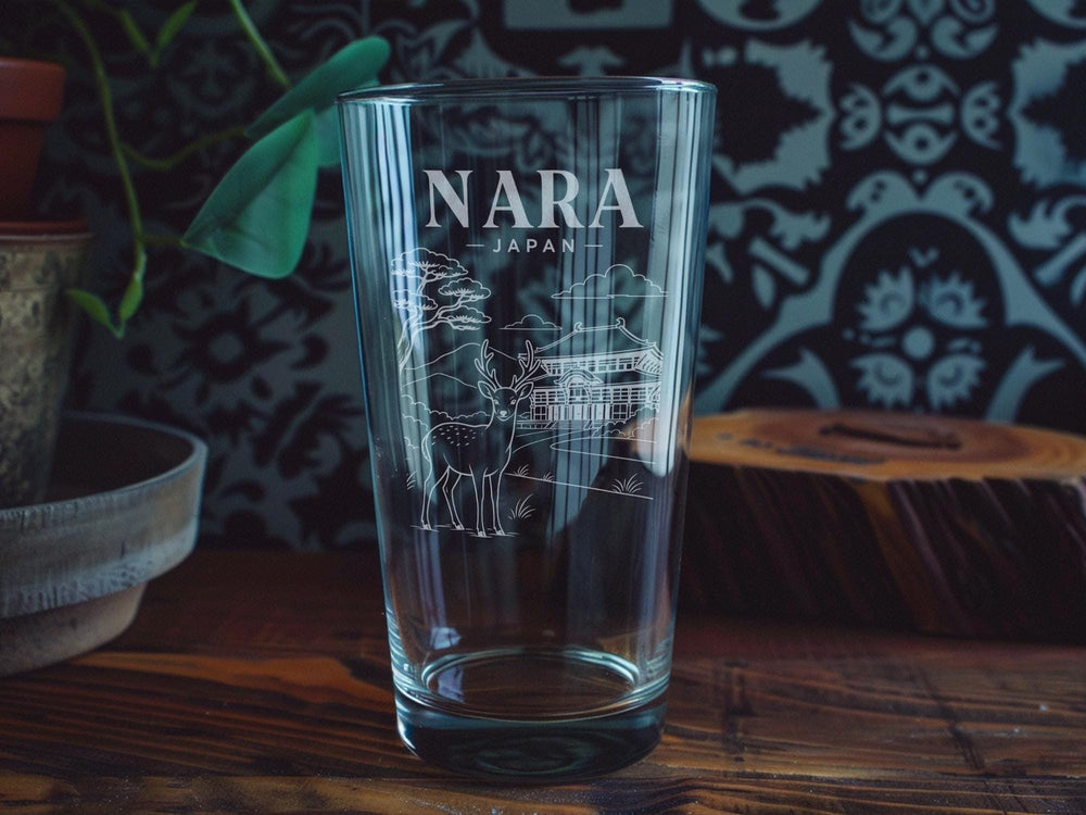 Nara Japan Pint Glass, Nara Deer Park Souvenir Glass, Todai-ji Temple and Great Buddha Landmark Drinkware, Japan Travel Gift