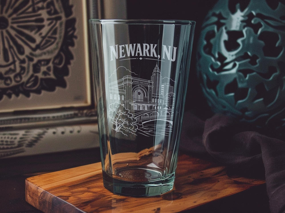 Newark NJ Pint Glass, Newark New Jersey Souvenir Beer Glass, Newark Skyline Cityscape Drinkware, Garden State Gift
