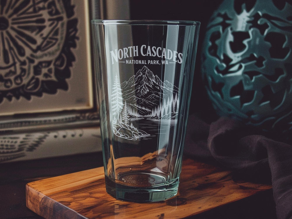North Cascades National Park WA Pint Glass, Washington Mountain Landscape Souvenir Glass, Pacific Northwest Travel Gift