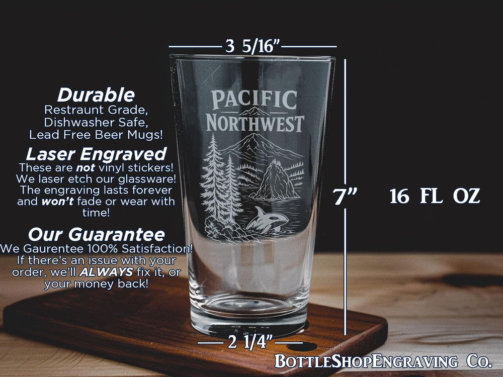 Pacific Northwest Pint Glass, Mountain Forest Coastline Design, PNW Nature Scenery Beer Glass, Washington Oregon Idaho Gift