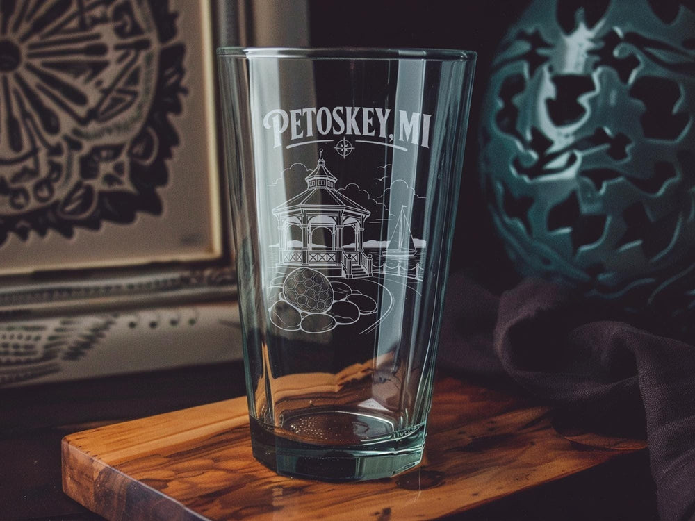 Petoskey MI Pint Glass, Michigan Souvenir Beer Glass, Petoskey Michigan Travel Gift, Northern Michigan Barware, Great Lakes Glass
