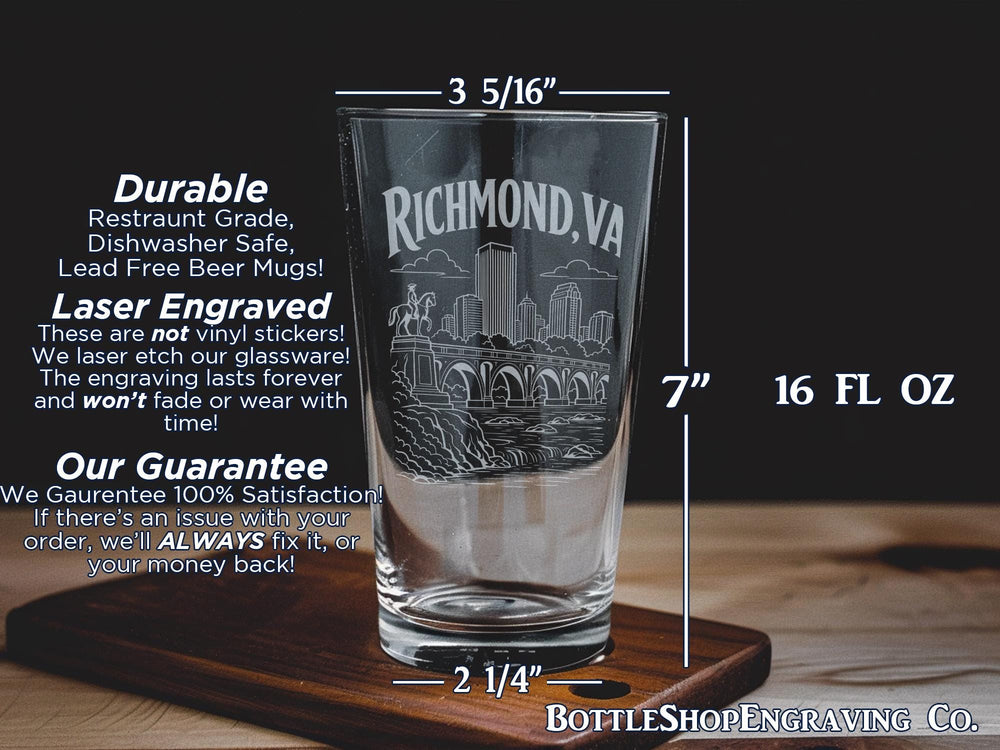 Richmond VA Pint Glass, Richmond Virginia Souvenir Beer Glass, RVA Skyline Drinkware, Virginia Travel Gift, City Landmark Glass