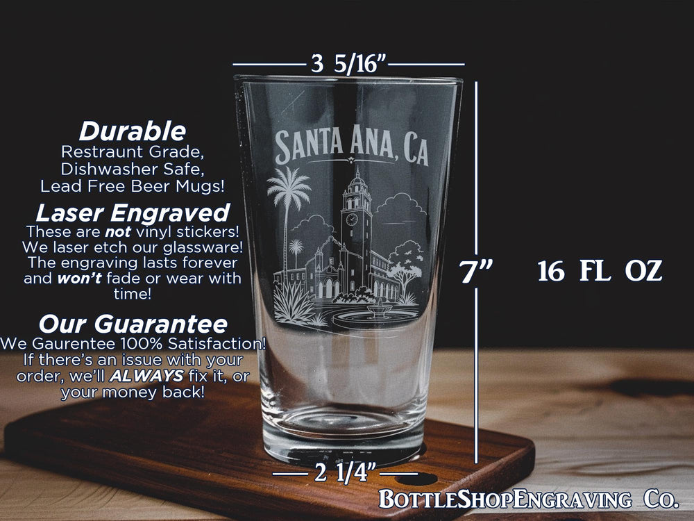 Santa Ana CA Pint Glass, Santa Ana California Souvenir Beer Glass, Orange County Travel Gift, City Landmark Keepsake Glass