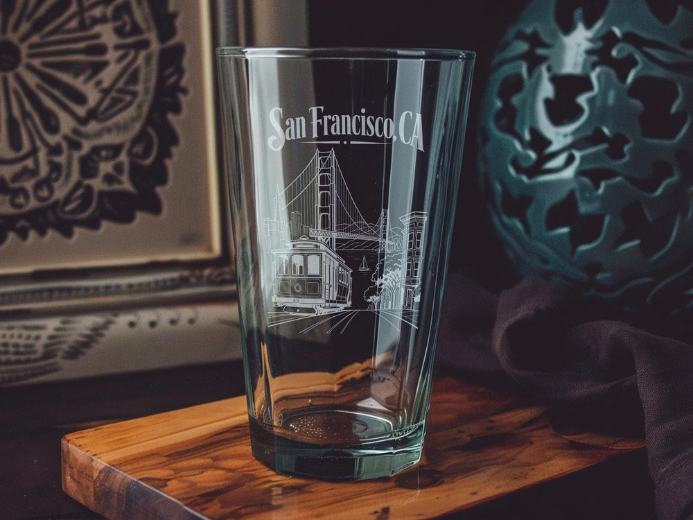 San Francisco CA Pint Glass, San Francisco California Souvenir Beer Glass, Bay Area Travel Gift Drinkware
