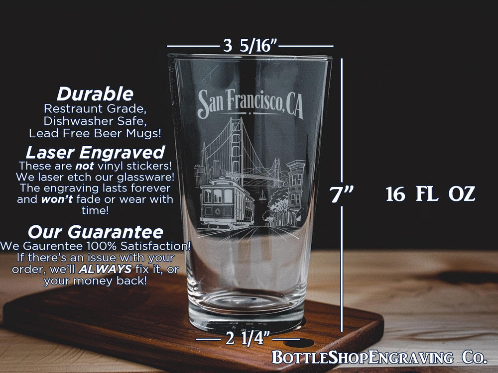 San Francisco CA Pint Glass, San Francisco California Souvenir Beer Glass, Bay Area Travel Gift Drinkware