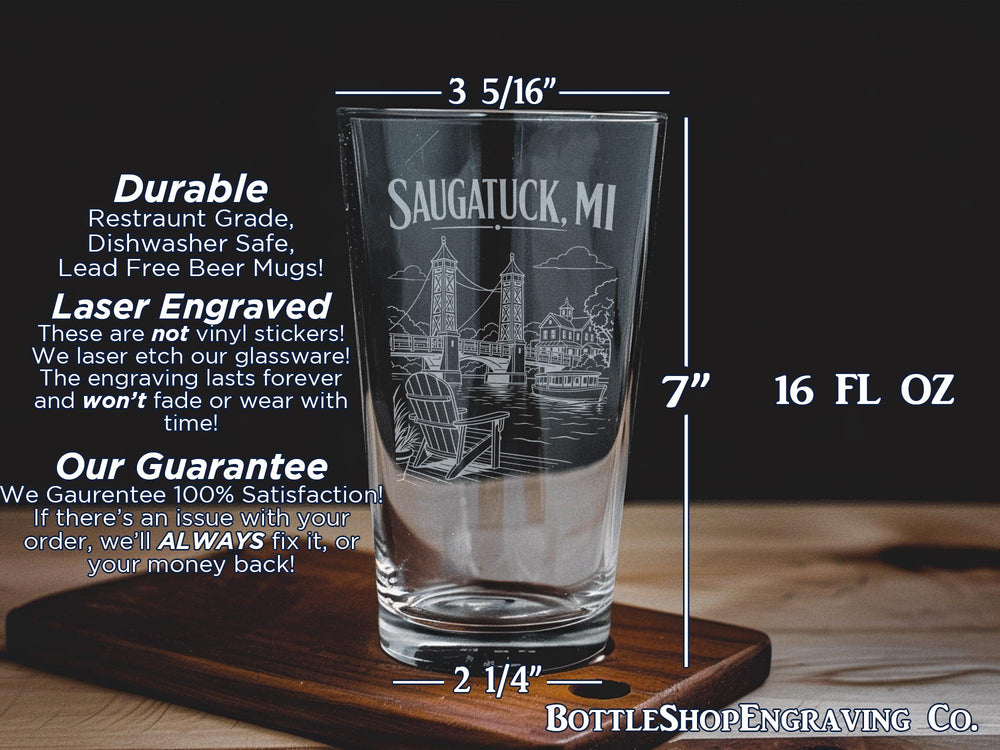 Saugatuck MI Pint Glass, Saugatuck Michigan Souvenir Beer Glass, Lake Michigan Coastal Town Drinkware Gift