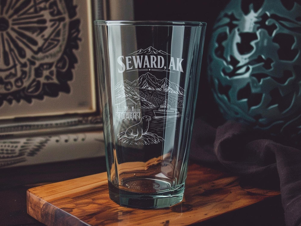 Seward Alaska Pint Glass, Seward AK Souvenir Beer Glass, Alaska Coastal Town Travel Gift, Kenai Peninsula Drinkware