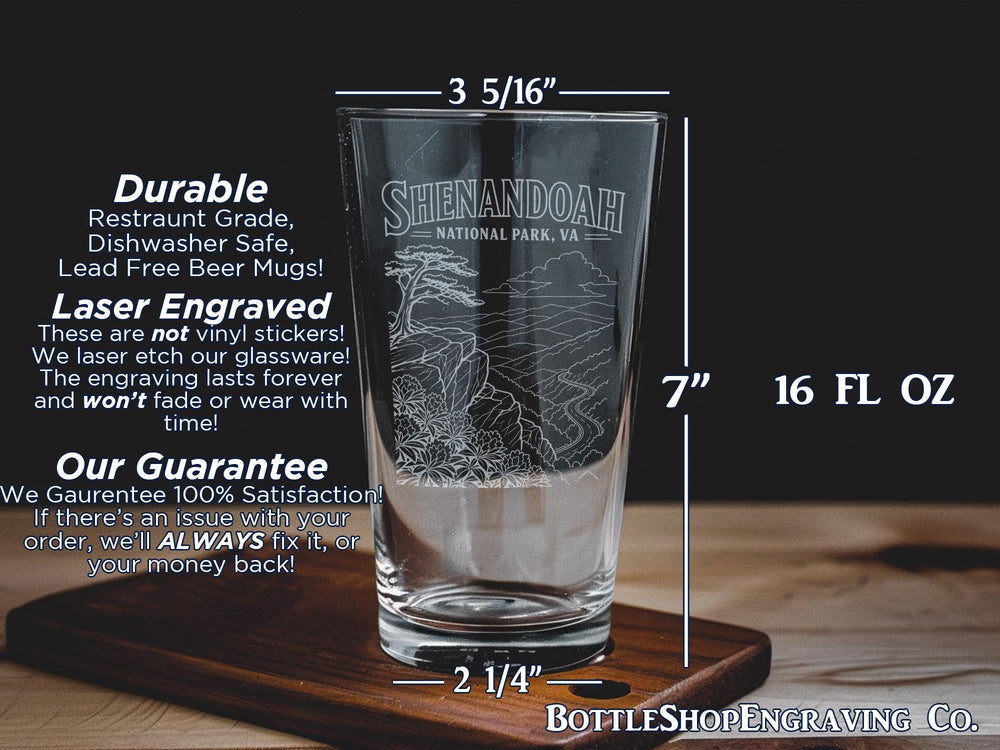 Shenandoah National Park VA Pint Glass, Virginia Skyline Drive Souvenir Glass, Blue Ridge Mountains Nature Travel Gift