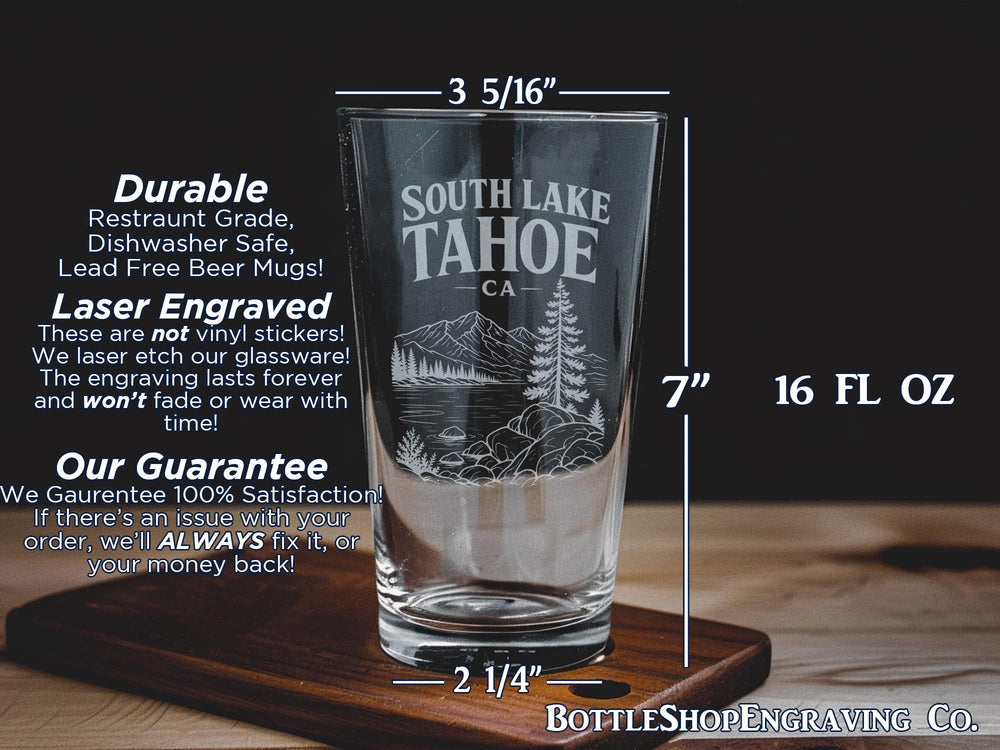 South Lake Tahoe CA Pint Glass, Lake Tahoe California Souvenir Beer Glass, South Lake Tahoe Travel Gift, Tahoe Lakefront Drinkware