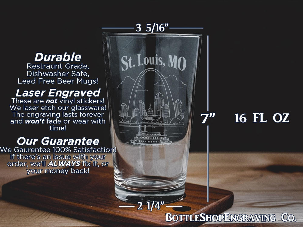 St. Louis MO Pint Glass, St Louis Missouri Souvenir Beer Glass, Gateway Arch City Skyline Drinkware Gift